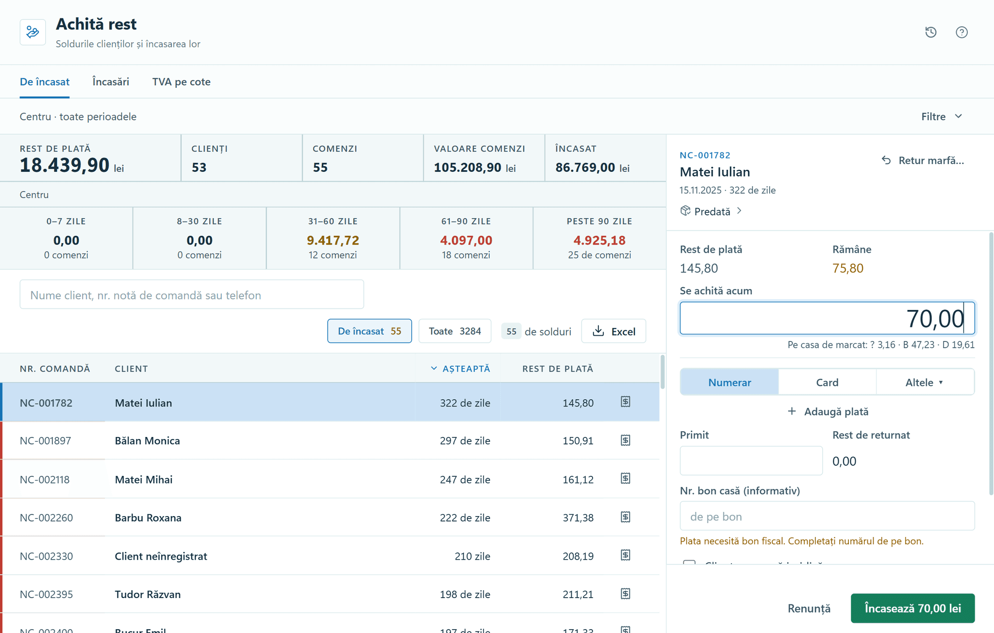 The Balance payments module in OptiSwift: the balances to collect, with the ageing band. The payment panel is open for one order, with the amount paid now filled in and the remaining balance recalculated.