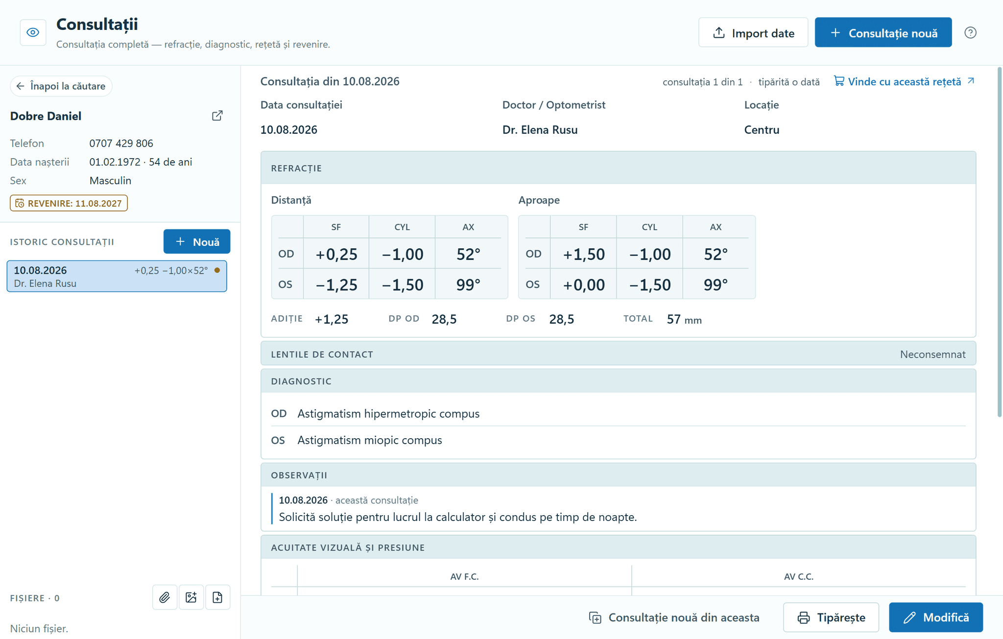 The Consultations module in OptiSwift: a consultation saved on 10 August 2026, with distance and near refraction for each eye, the addition, the pupillary distance, the diagnoses and the notes. On the left, the patient record and the patient’s consultation history.