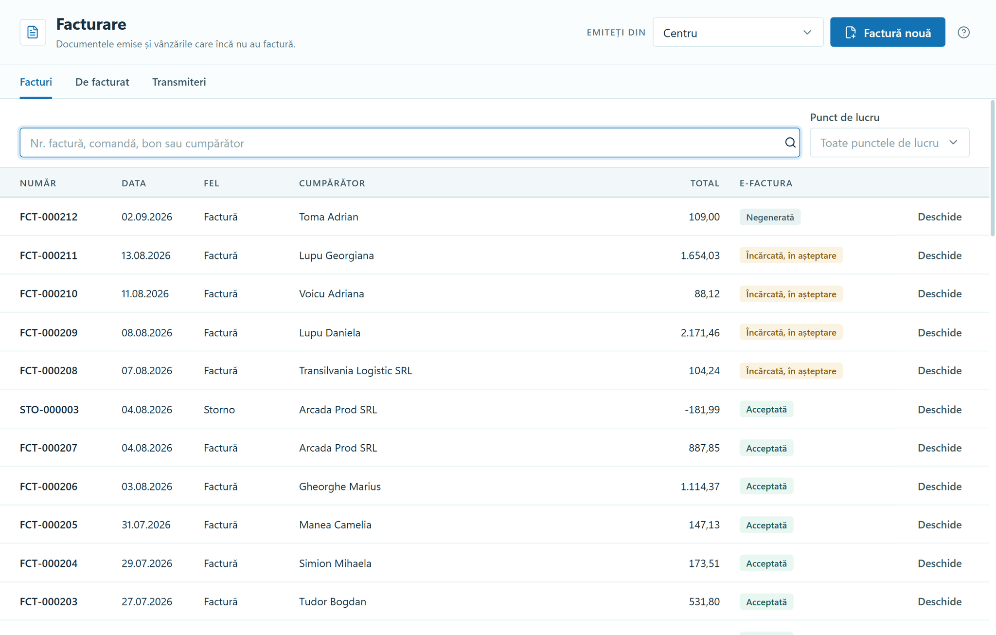 The Invoicing module in OptiSwift: the invoices issued, each with its number, date, type (invoice or credit note), buyer, total and status in e-Factura, Romania’s national e-invoicing system.