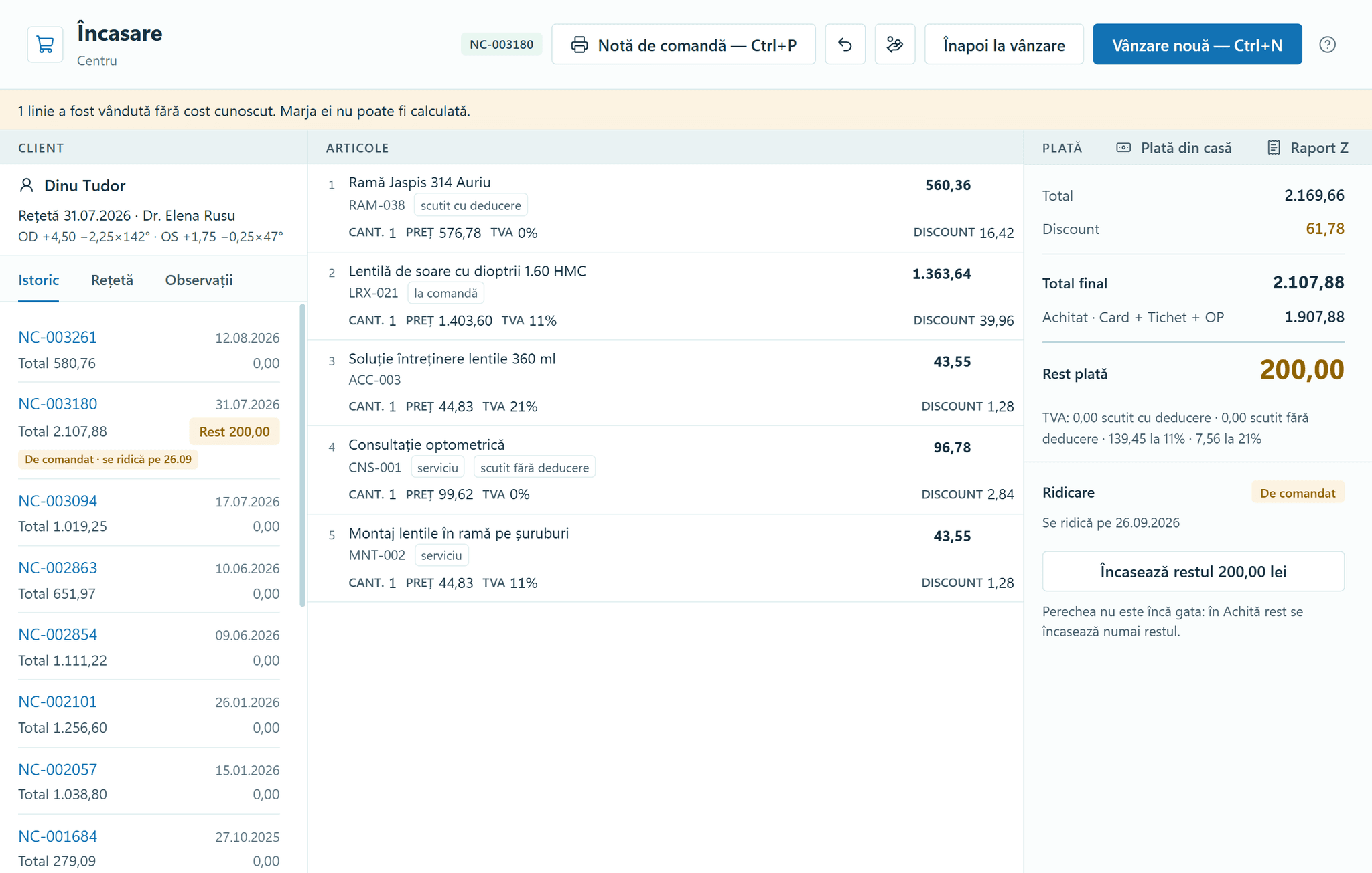 The Checkout module in OptiSwift: sale NC-003180 for Dinu Tudor, with a frame, a lens to be ordered to prescription, lens solution, a consultation and fitting, across three VAT rates. Payment is split between card, voucher and bank transfer, leaving 200.00 lei to pay. Collection is set to “To order”, for 26 September 2026. On the left, the customer’s prescription and purchase history.