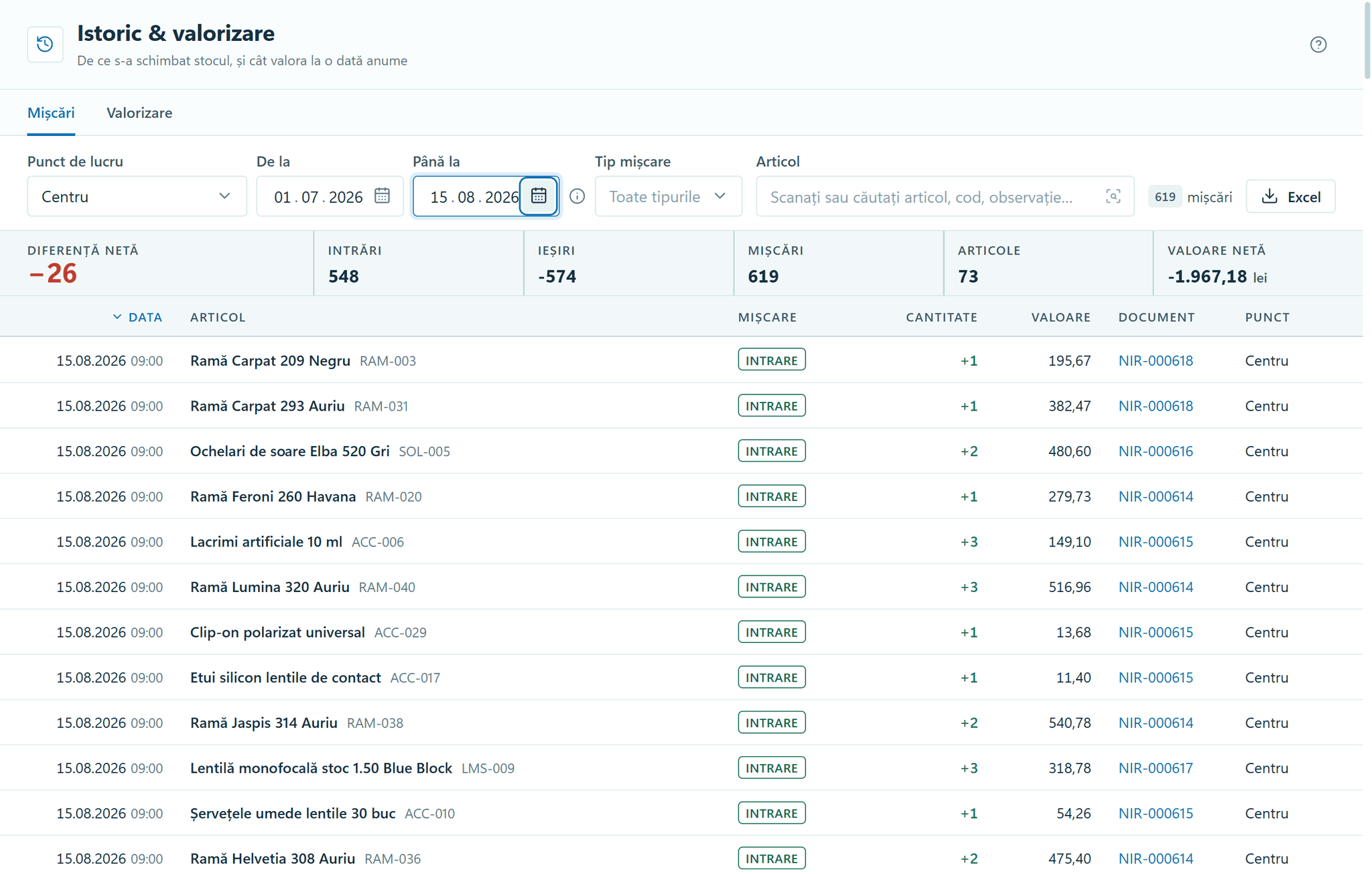 The History and valuation module in OptiSwift: the register of stock movements at the Centru location between 1 July and 15 August 2026, with goods in and goods out, and one row per movement with its document number.