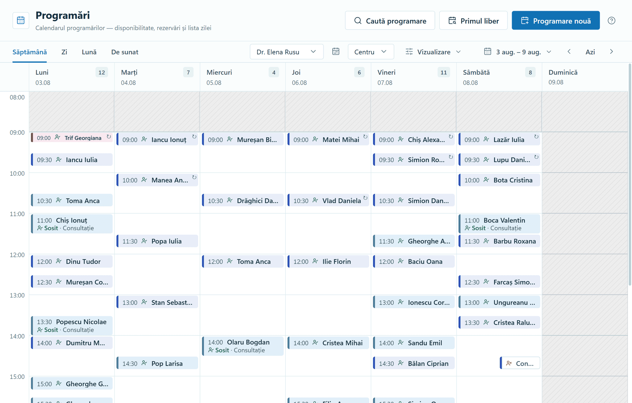 The Appointments module in OptiSwift: one doctor’s week of 3–9 August 2026, full of appointments laid over their working hours, with the time outside those hours hatched.