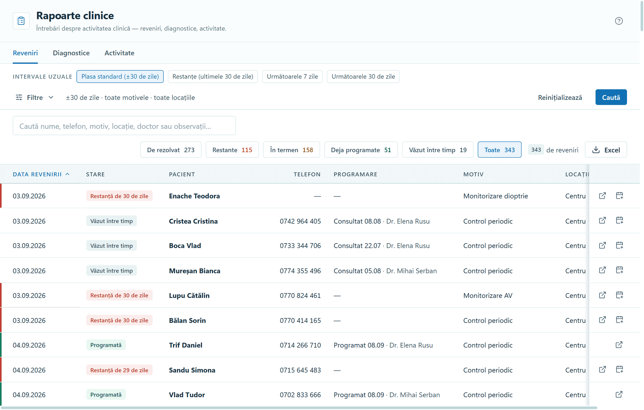 The Clinical reports module in OptiSwift: the list of recalls in every state (overdue, seen since and booked), with the Appointment column filled in.