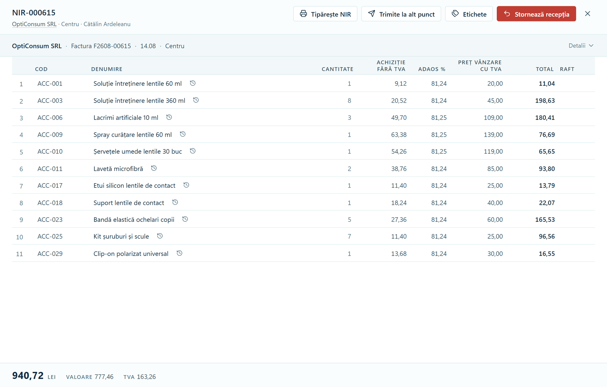 The Goods receipts module in OptiSwift: a finalised goods received note (NIR) from OptiConsum SRL, with 11 lines. Each line shows the purchase price excluding VAT, the VAT, the markup as a percentage, the sale price including VAT and the value.