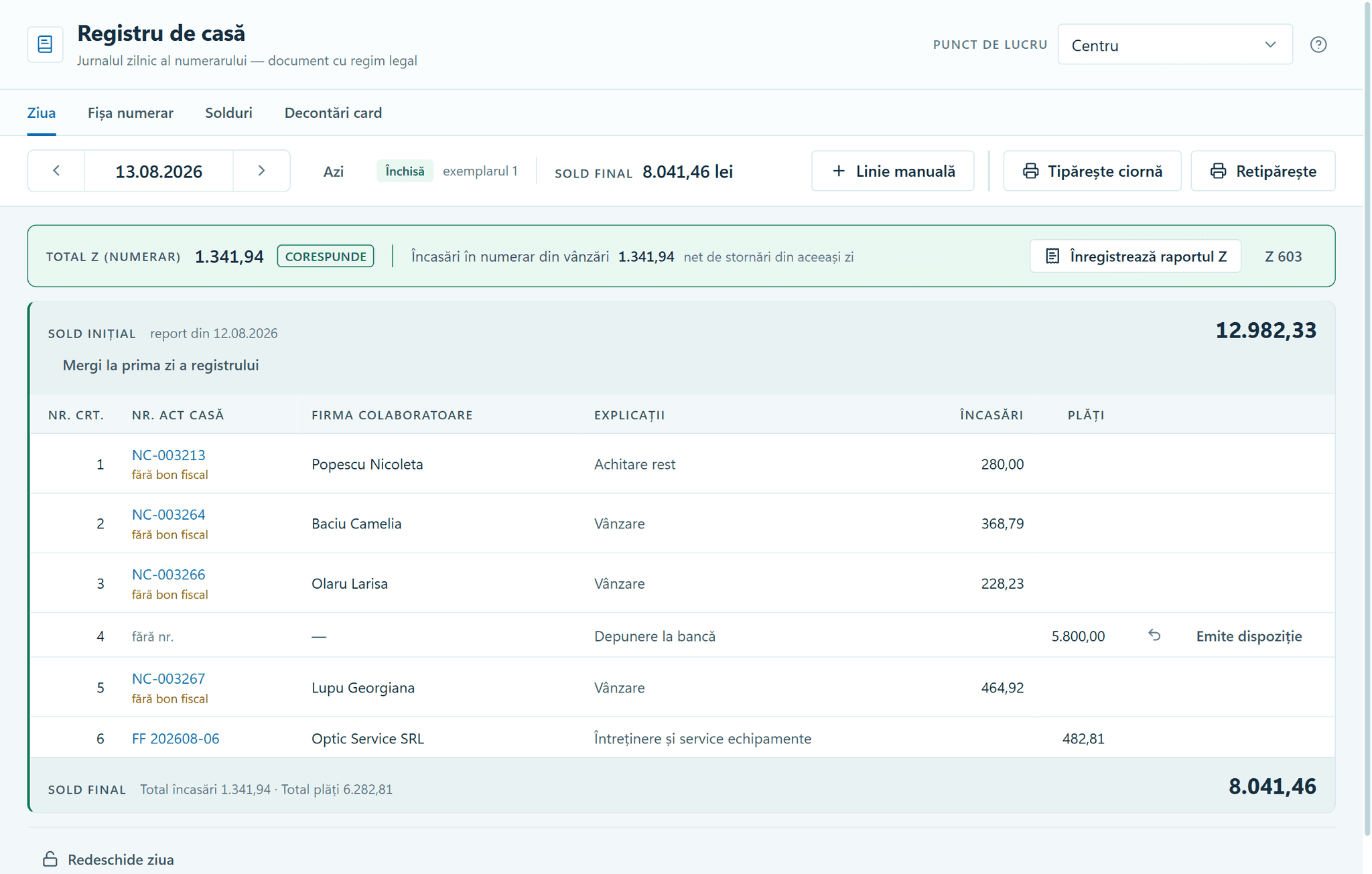 The Cash book module in OptiSwift: 13 August 2026, closed. The Z report total matches the cash sales. The page shows the opening balance, the day’s entries (sales, a bank deposit and an expense) and the closing balance.