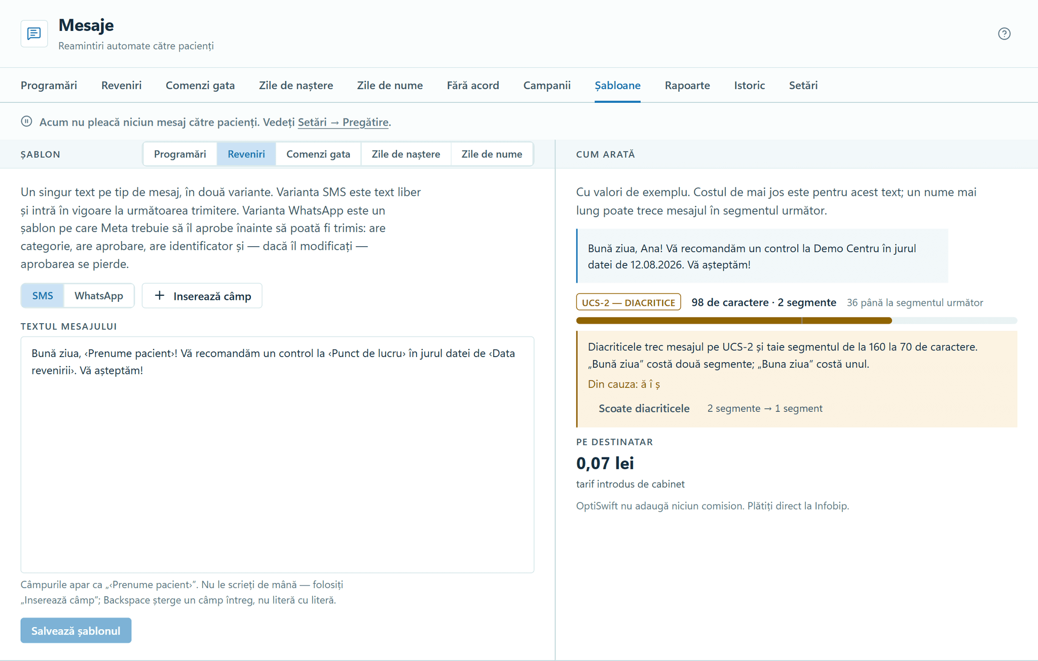 The Messages module in OptiSwift: the SMS template for recalls, with its fields, the message as the patient reads it, and the cost and encoding indicator.